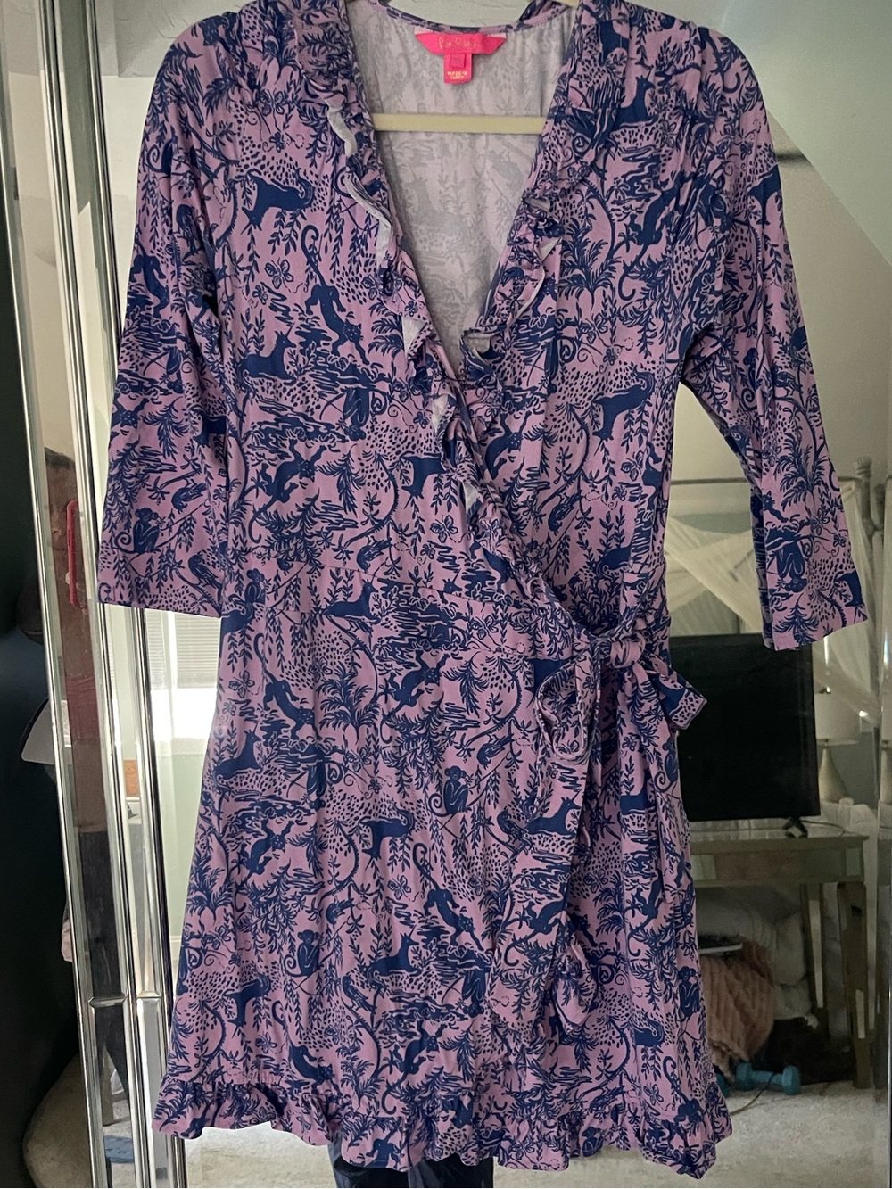Women’s Pink Floral Wrap Dress romper with Navy Print